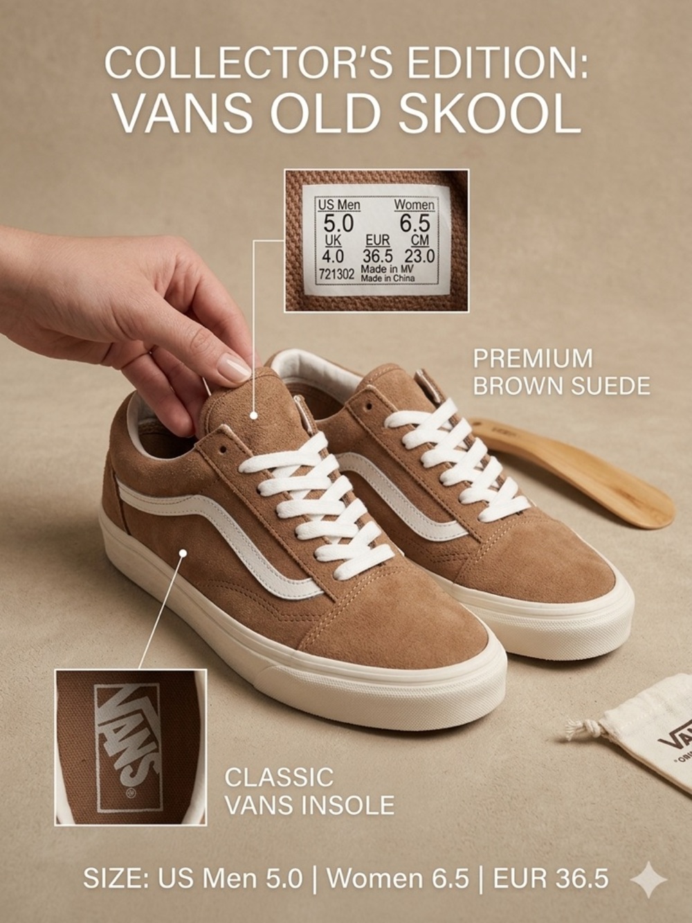 Vans Tan Suede Low-Top Sneakers with White Stripe